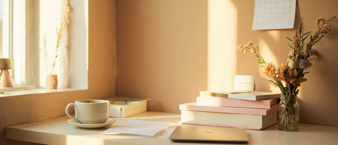 Aesthetic study desk corner in a small dorm room with pastel notebooks, a slim laptop, and dried flowers in soft afternoon light