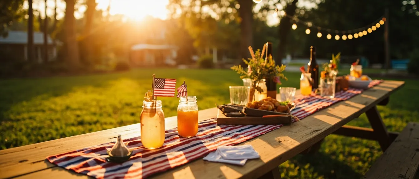 Backyard party setup in late afternoon golden hour with a wooden picnic table and string lights overhead