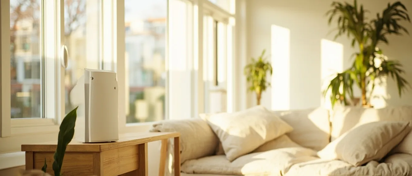 Bright modern apartment living room with a sleek white air purifier on a wooden side table in soft natural light