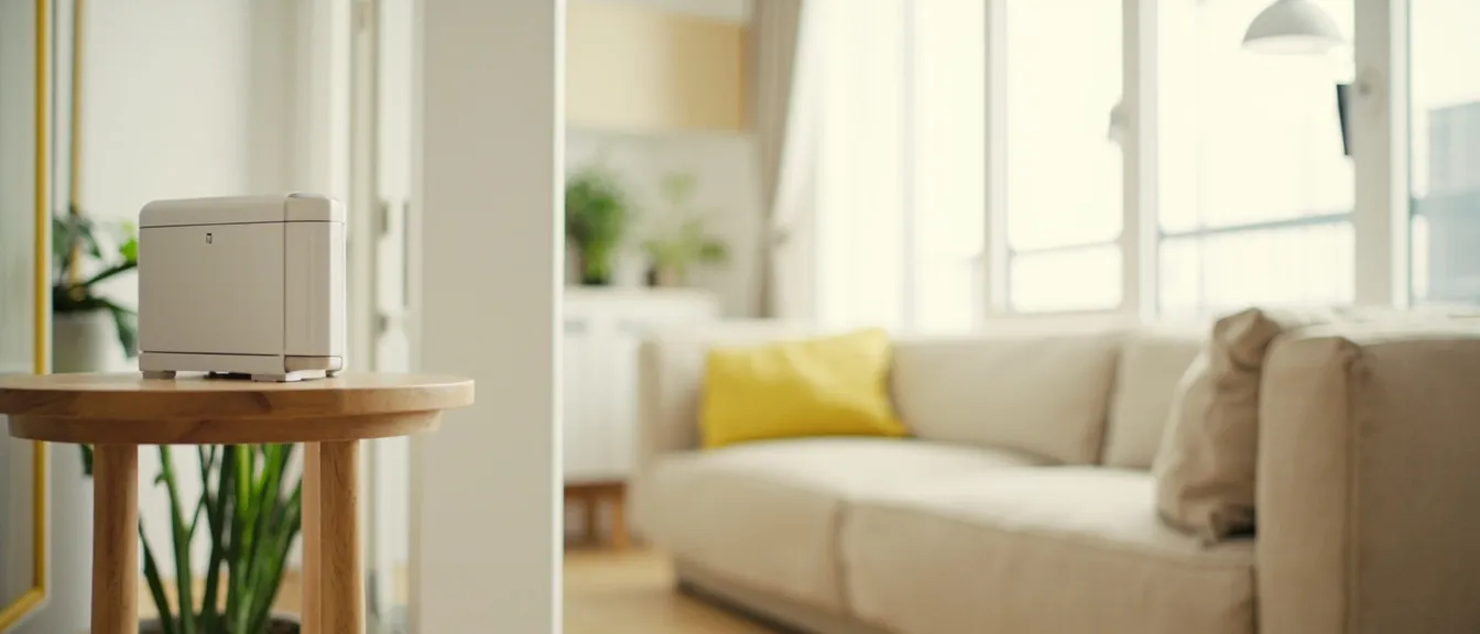 Bright modern apartment living room with a small air quality monitor on a wooden side table, soft daylight through a window, beige linen sofa
