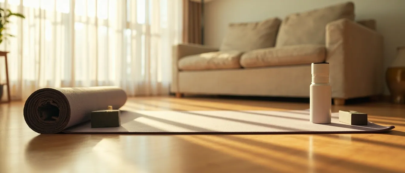 A yoga mat rolled out on a warm hardwood floor in a small apartment living room with sheer curtains in soft morning light