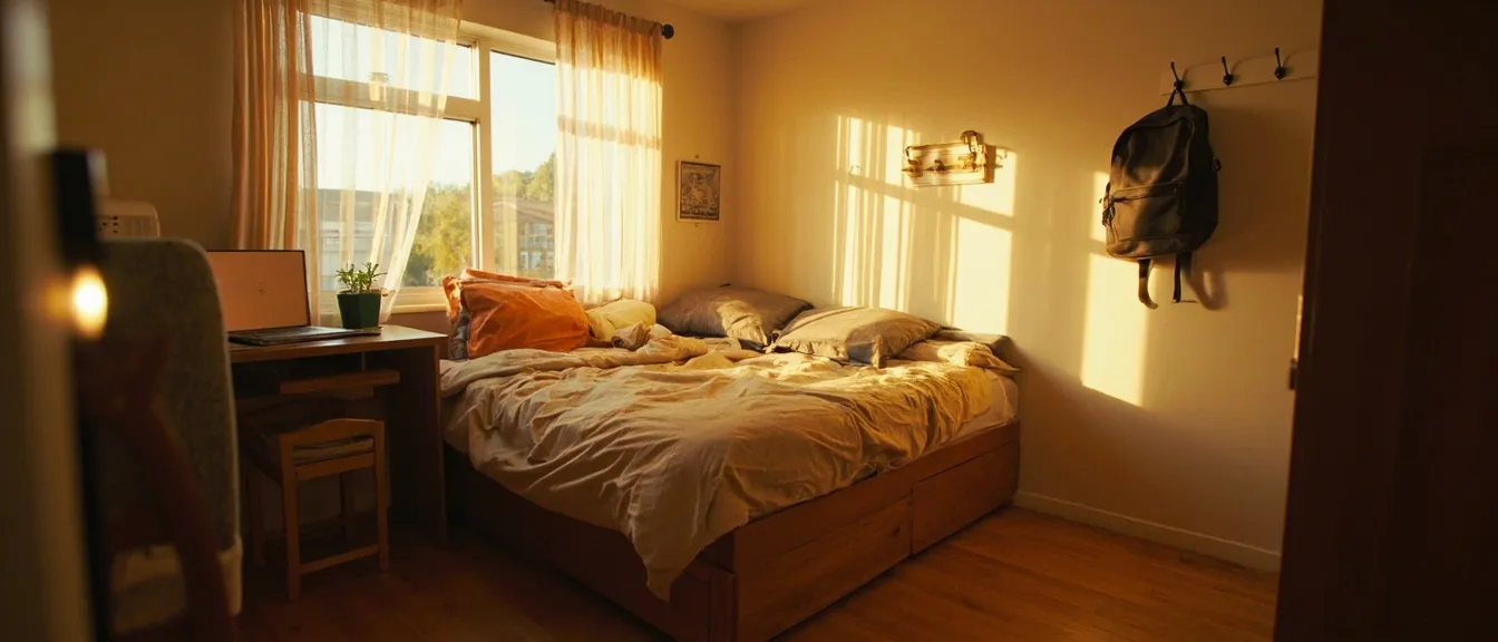 Cozy college dorm room in late summer afternoon with a canvas backpack hanging by the door
