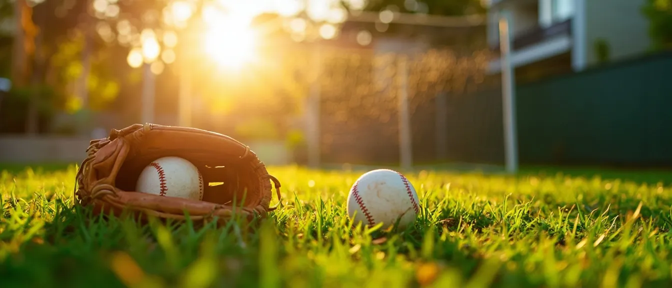 Sunny apartment backyard in summer afternoon, a baseball glove and a few baseballs on green grass, warm golden hour light, casual summer training atmosphere