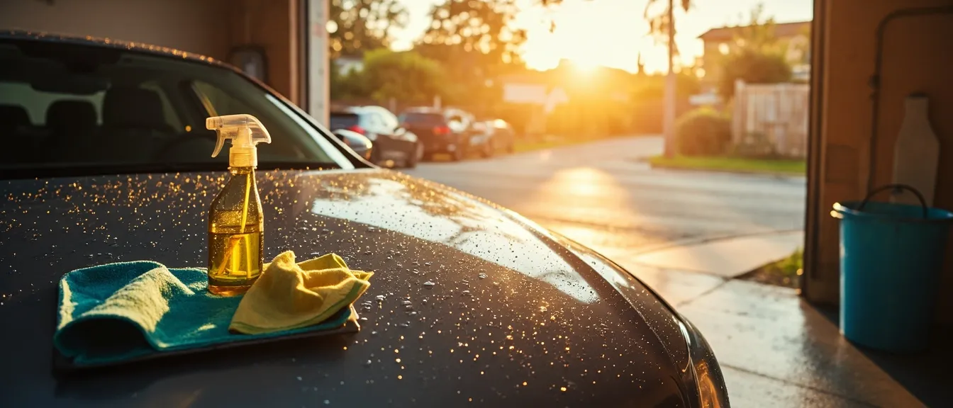 Open garage or driveway on a sunny afternoon, a clean car with water droplets on the hood, a microfiber towel and spray bottle on a small tray, warm golden light