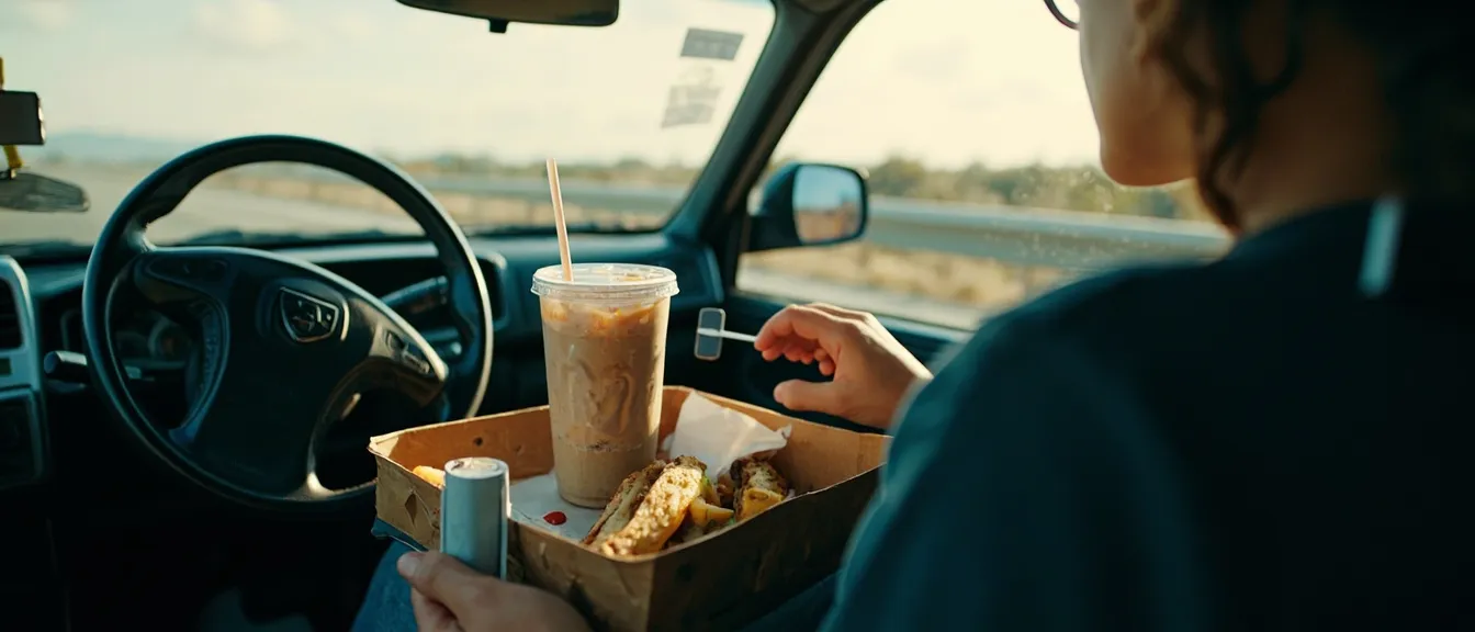 Inside a car cabin with a takeout food tray on the steering wheel, a spill-proof tumbler in the cup holder, a sauce caddy clipped to the air vent, soft daylight