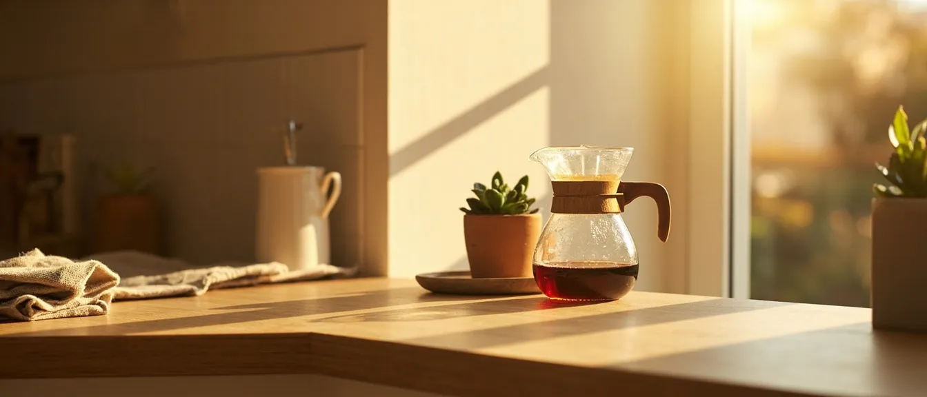 Small apartment kitchen counter in early morning golden hour with a pour-over coffee setup and a glass carafe