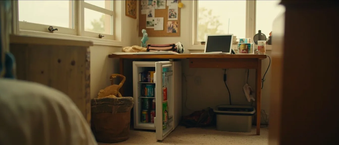 Small college dorm room corner with a compact mini fridge tucked under a wooden desk, soft afternoon light from a window