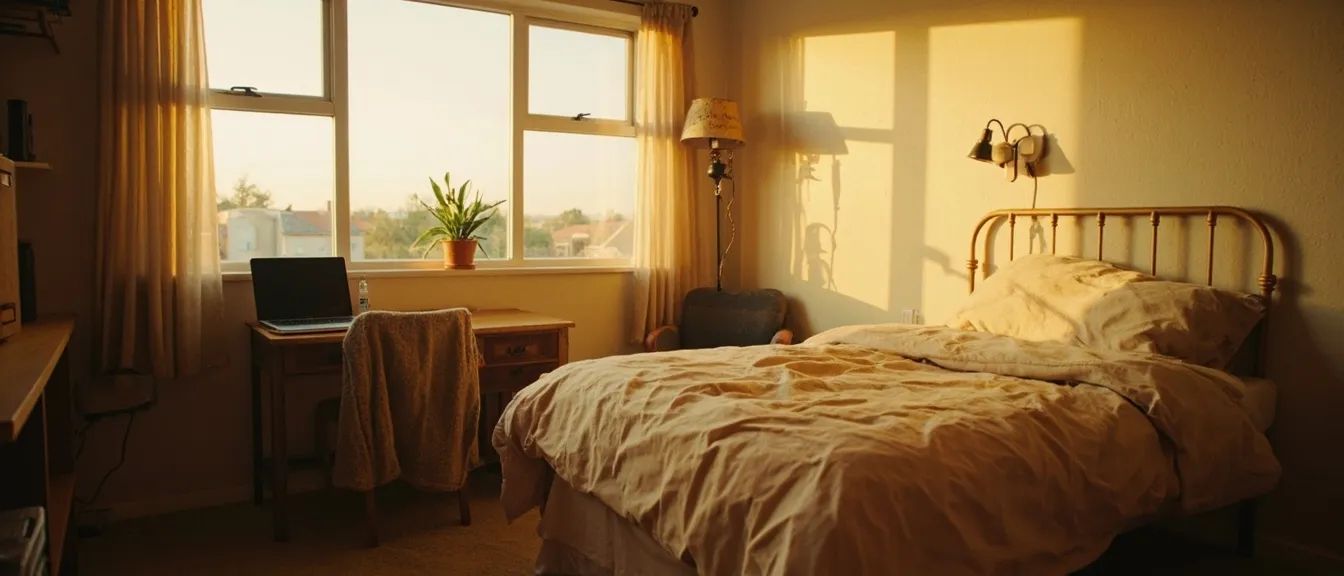 Cozy dorm room wide shot with a neatly made twin bed, soft beige comforter, and warm golden late afternoon light