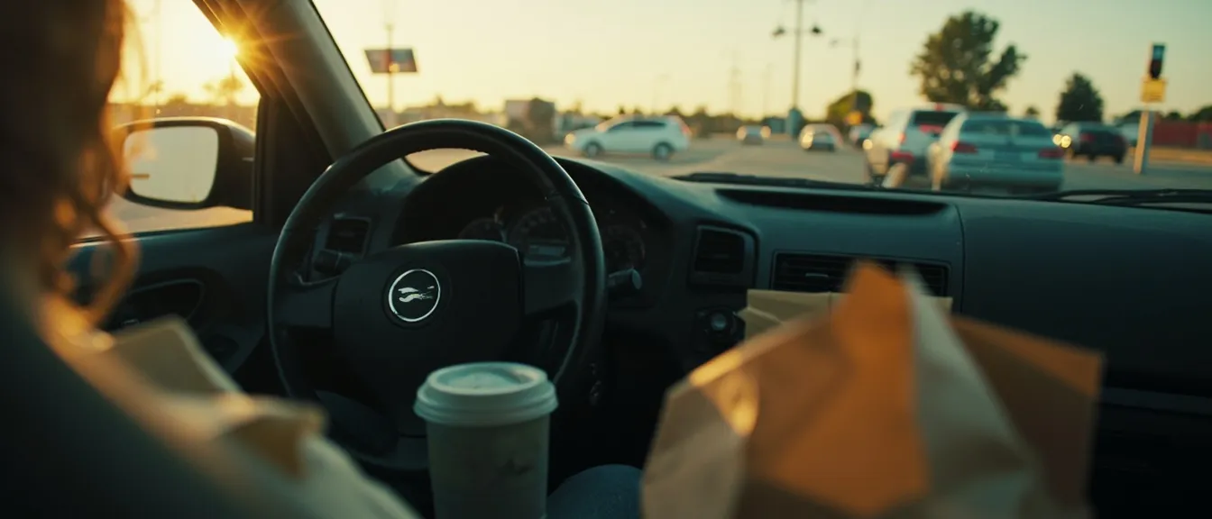 Inside a car at a fast-food drive-thru, steering wheel and dashboard view, a meal bag on the passenger seat, a leak-proof travel mug, soft afternoon light