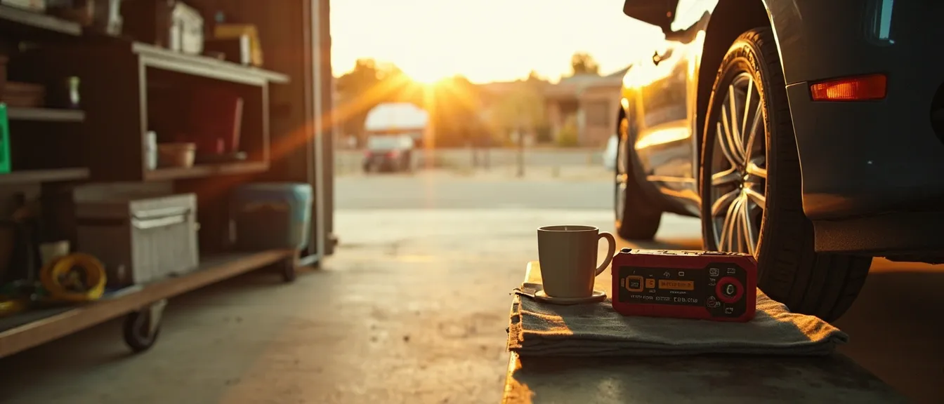 Open garage on a sunny day with a compact jump starter and a small tire gauge on a workbench beside a car, a folded microfiber cloth, warm afternoon light