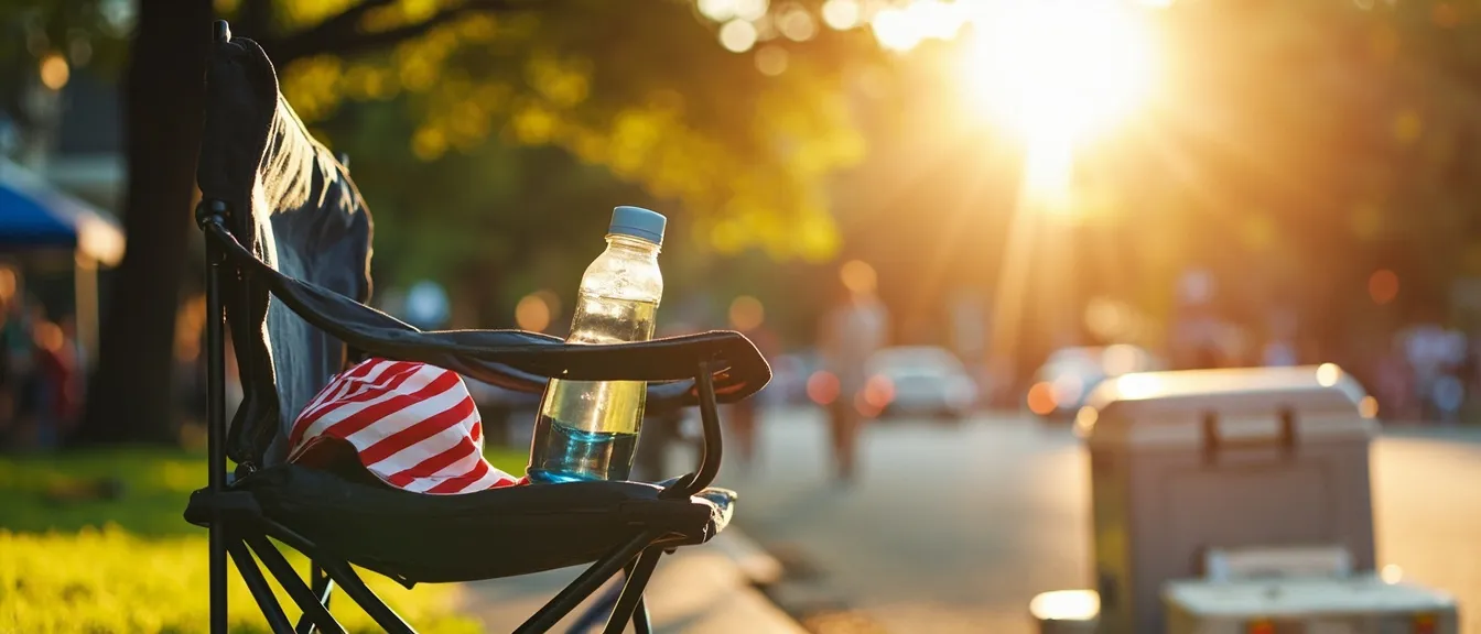 4th of July parade curbside setup on a sunny morning, a folding camping chair, a small cooler with an insulated water bottle, a patriotic hat on the chair, festive atmosphere