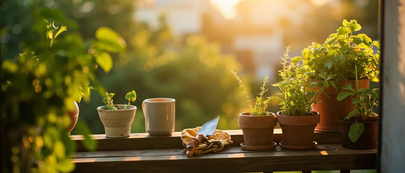 Small apartment balcony garden in soft morning light with terracotta pots of herbs and succulents, a trowel and gloves on a wooden ledge