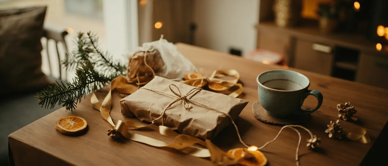 Holiday gift wrap corner on a wooden table with kraft paper, twine, pine branch, and dried orange slices in warm indoor light