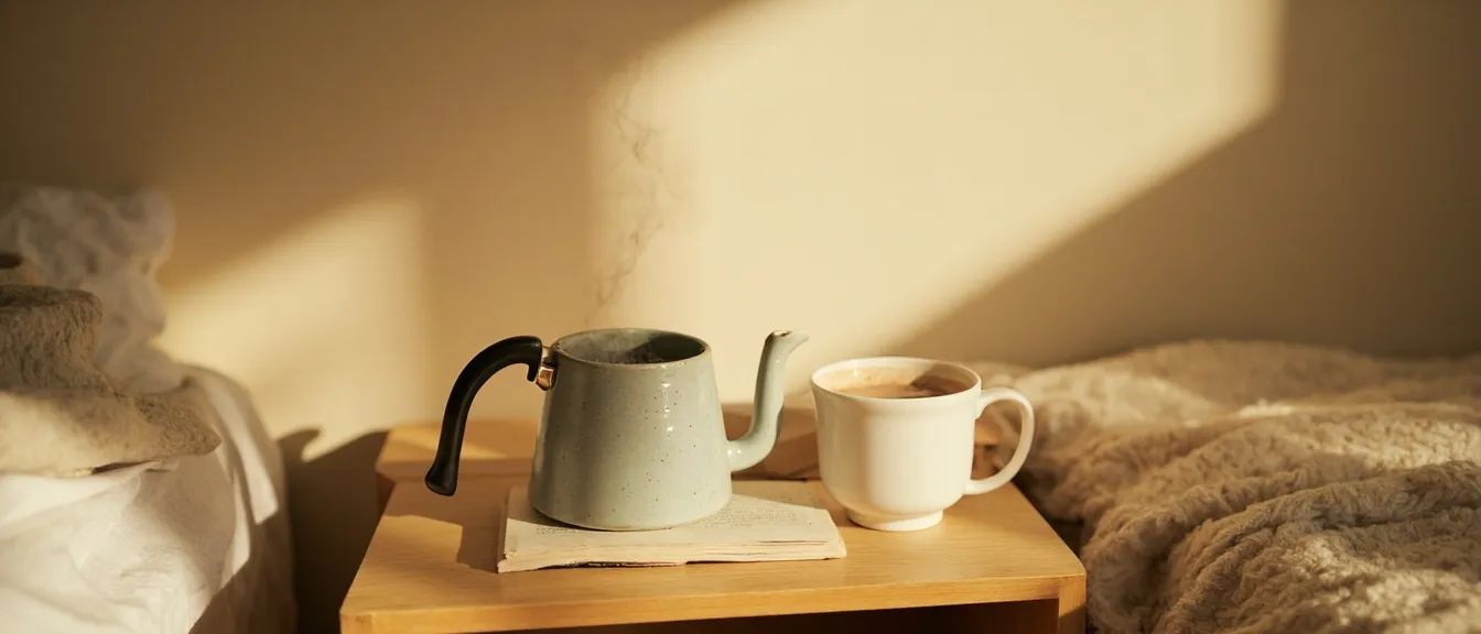 Cozy apartment bedside table in soft morning light with a gooseneck kettle, ceramic mug, and folded beige throw