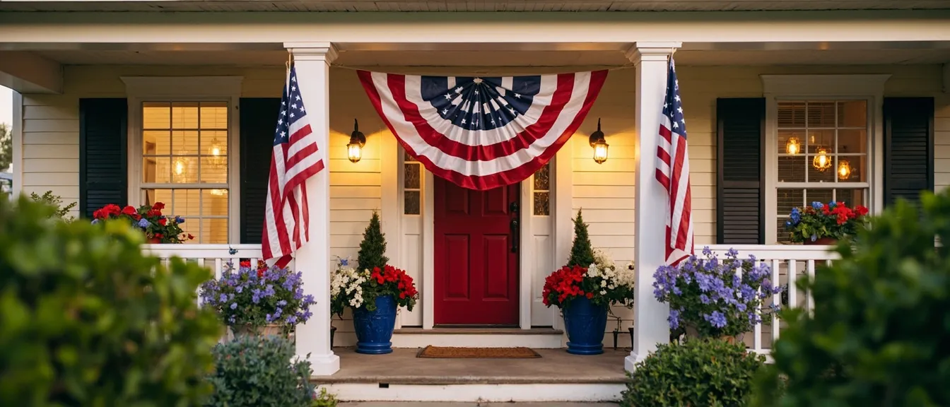 Front porch or small apartment entryway decorated for 4th of July, a hanging American flag bunting, red white and blue flower planters, soft warm summer evening light