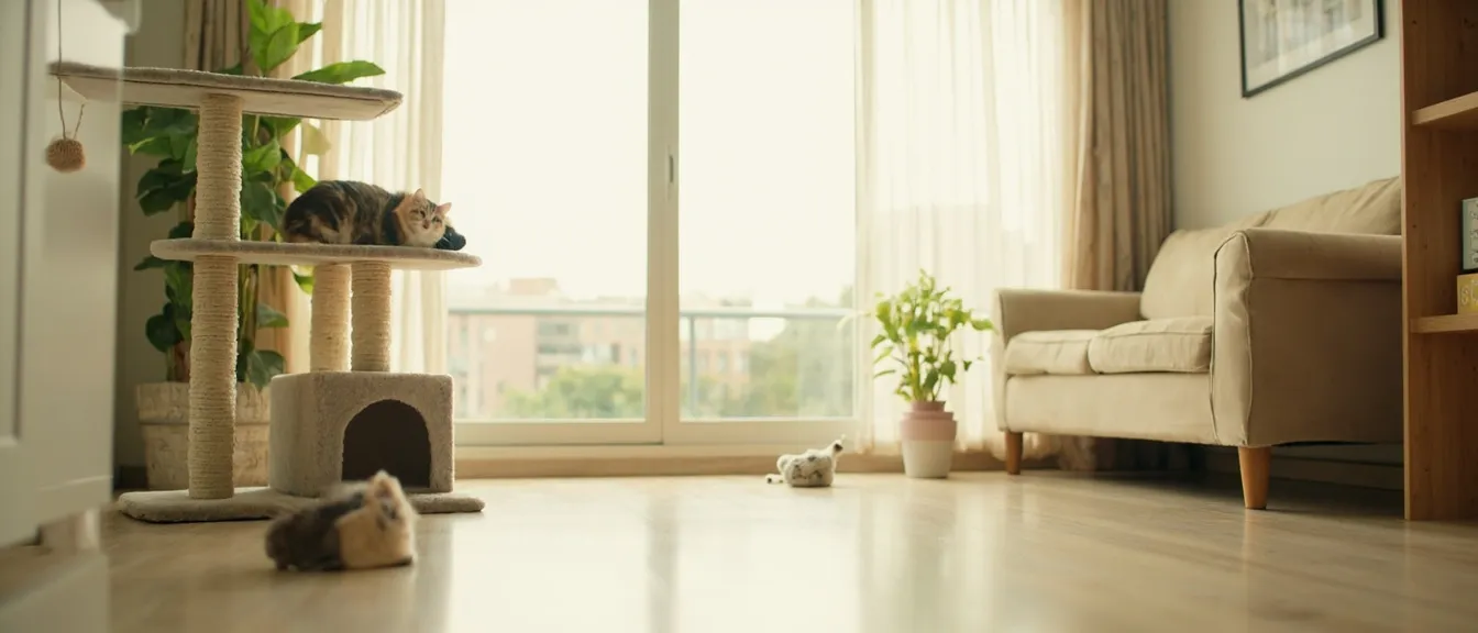 Bright apartment living room corner with a cat tree by the window, a small cat toy on the floor, a potted plant, soft natural daylight