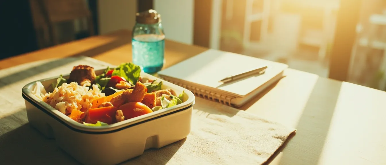Lunch break moment at a sunlit office desk with an open insulated bento box and a small water bottle