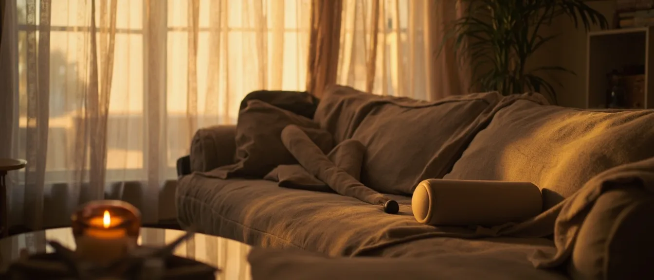 Small apartment living room relaxation moment in soft evening light, beige sofa with linen throw, foam roller and handheld massager on the coffee table, small candle lit