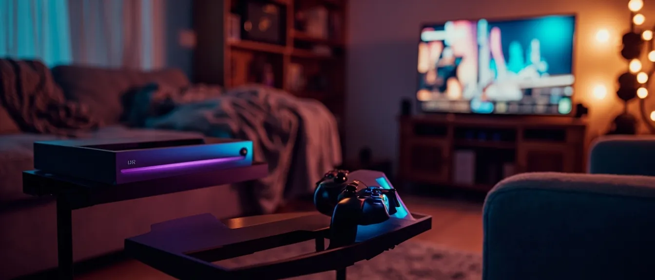Cozy apartment gaming corner in soft evening light with a modern console on a wood TV stand and a backlit controller on a coffee table