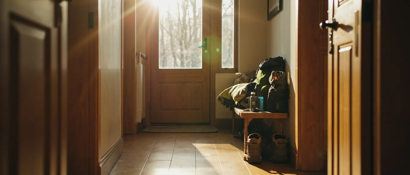 Cozy apartment entryway with weekend adventure gear ready to go, a small backpack on a bench, hiking boots, and a folded jacket in soft morning light