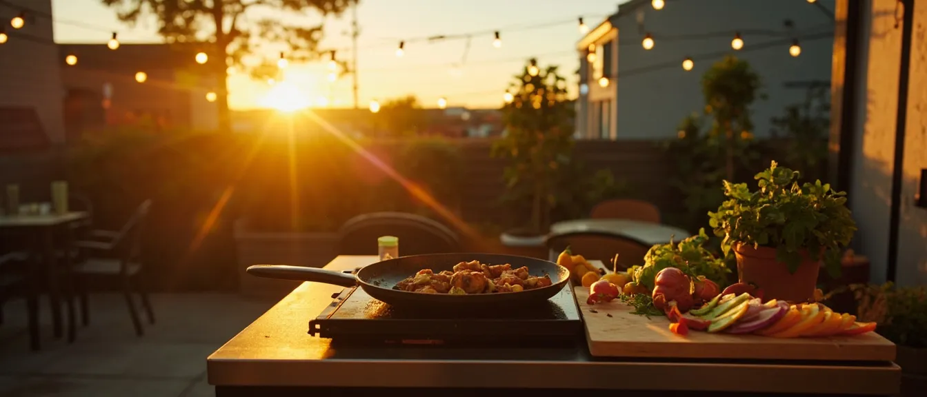 Small apartment patio in late afternoon golden hour with a tabletop griddle, wooden cutting board with vegetables, and string lights overhead