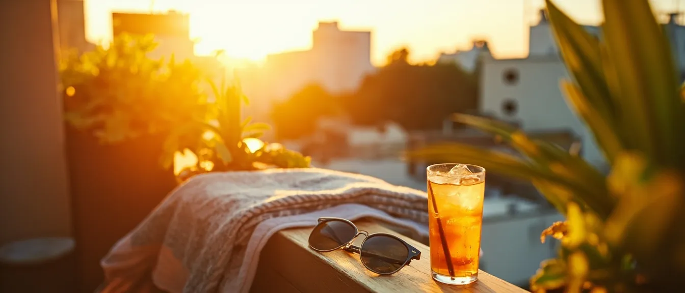 Small apartment balcony in summer afternoon with a folded beach towel, sunglasses on a wood ledge, and a cold drink with condensation