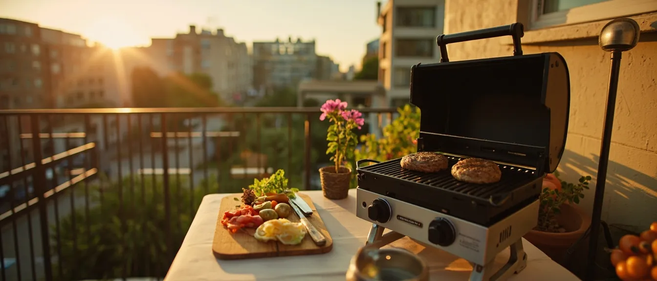 Small apartment patio with a portable gas grill set up for Labor Day, a wooden cutting board with burgers and vegetables, warm late afternoon golden light, festive cookout atmosphere