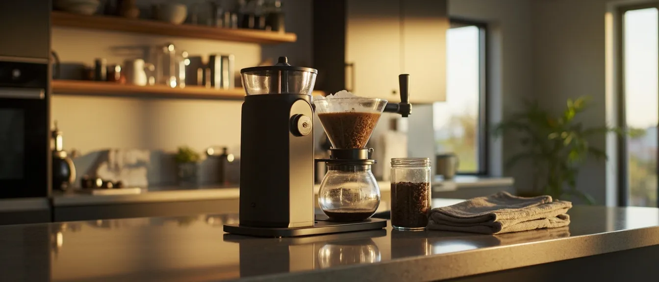 Stylish apartment kitchen counter with a premium coffee grinder beside a pour-over setup, fresh coffee beans in a glass jar, warm morning light, sophisticated home barista atmosphere