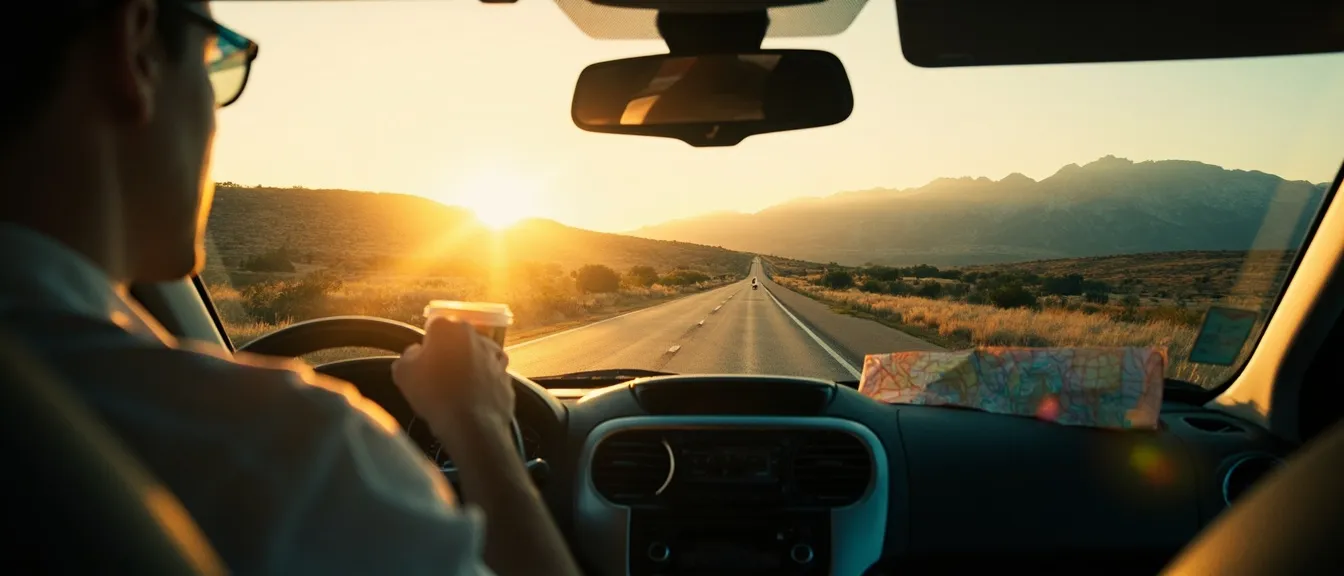 Open road view from inside a car dashboard with late afternoon golden light, a highway stretching ahead toward distant mountains