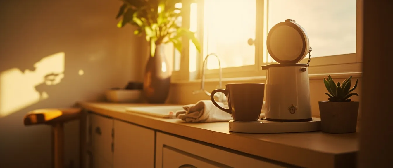 Small apartment kitchen counter in soft morning light with a single-serve coffee maker brewing into a ceramic mug, a small plant, wooden shelf with pods