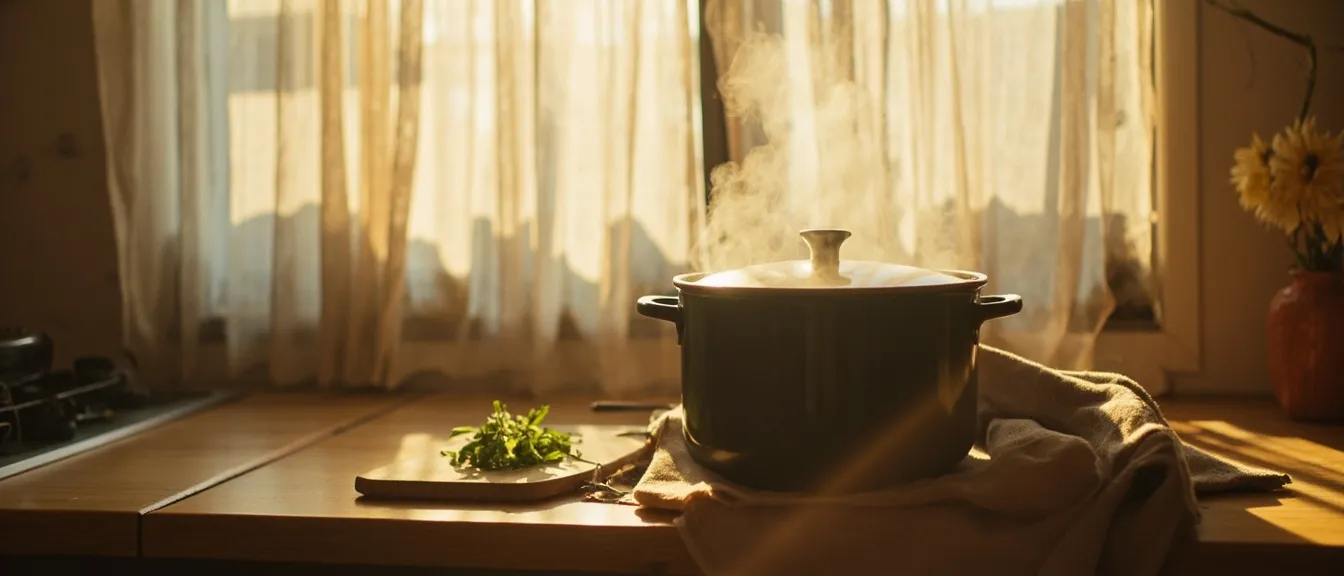 Small apartment kitchen counter in late afternoon with a slow cooker releasing warm steam, a cutting board with fresh herbs, and a linen towel