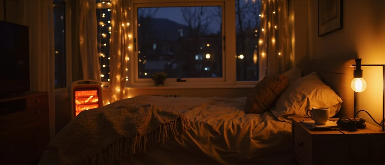Cozy apartment bedroom on a cold winter night with a small portable space heater glowing softly in the corner, knit throw on the bed, ceramic mug of tea