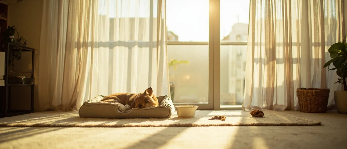 Bright apartment living room in summer afternoon with a dog bed by the window, a small water bowl, and a chew toy in soft daylight