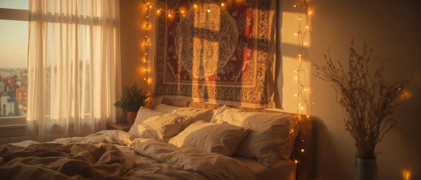 Cozy dorm bedscape in soft warm evening light, a tapestry on the wall behind the bed, fairy lights draped, beige and cream bedding with layered pillows