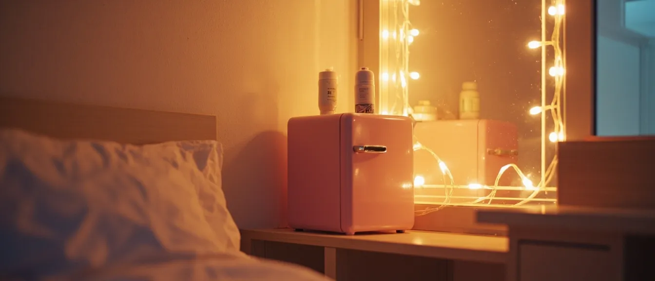 Cozy dorm desk corner with a small pink mini fridge beside a mirror with fairy lights, a few skincare bottles on top, soft warm evening light