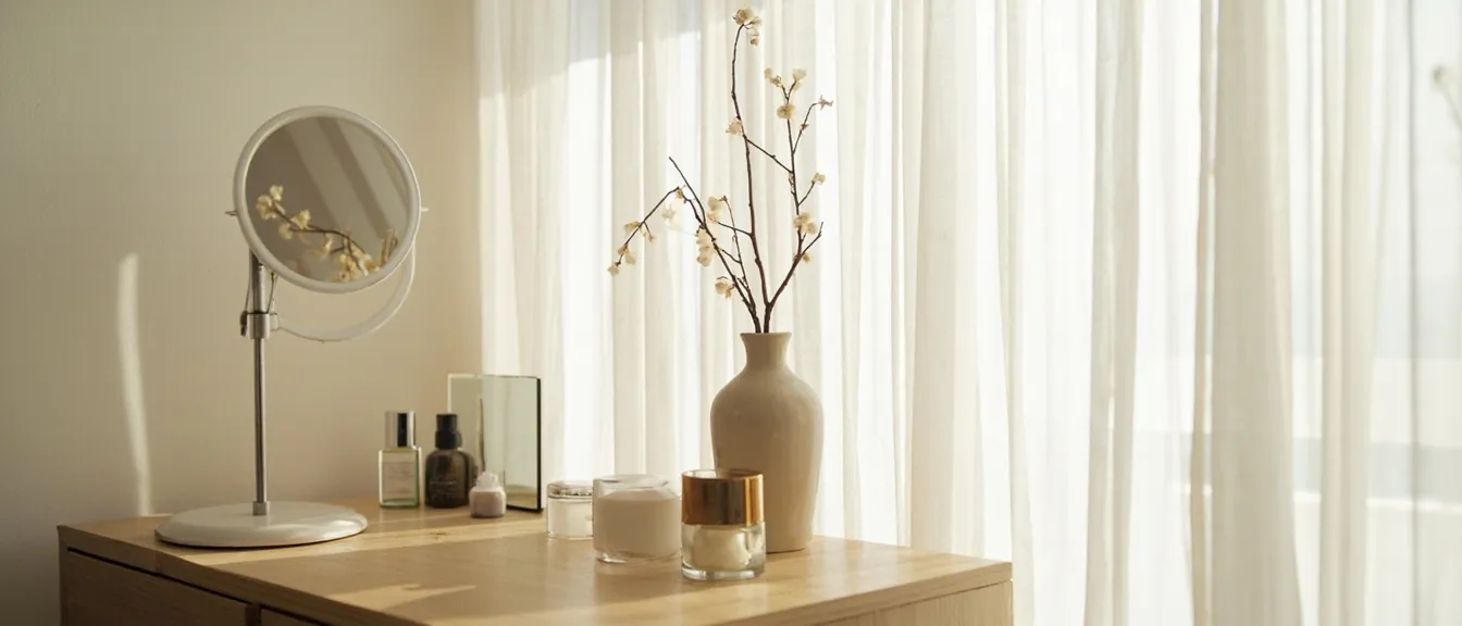Minimal apartment vanity desk setup, a clean light wood desk with a Hollywood mirror, small ceramic vase with a dried branch, soft natural light