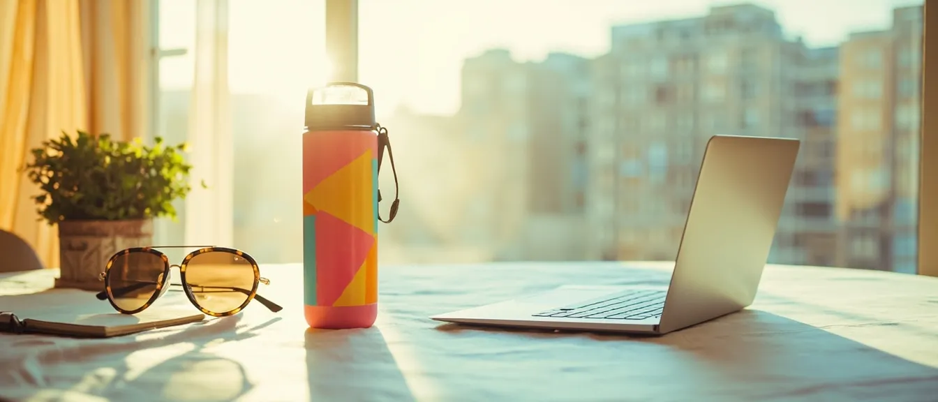 Bright apartment desk flat-lay with a colorful reusable water bottle beside an open laptop, a small plant, a notebook, soft window light