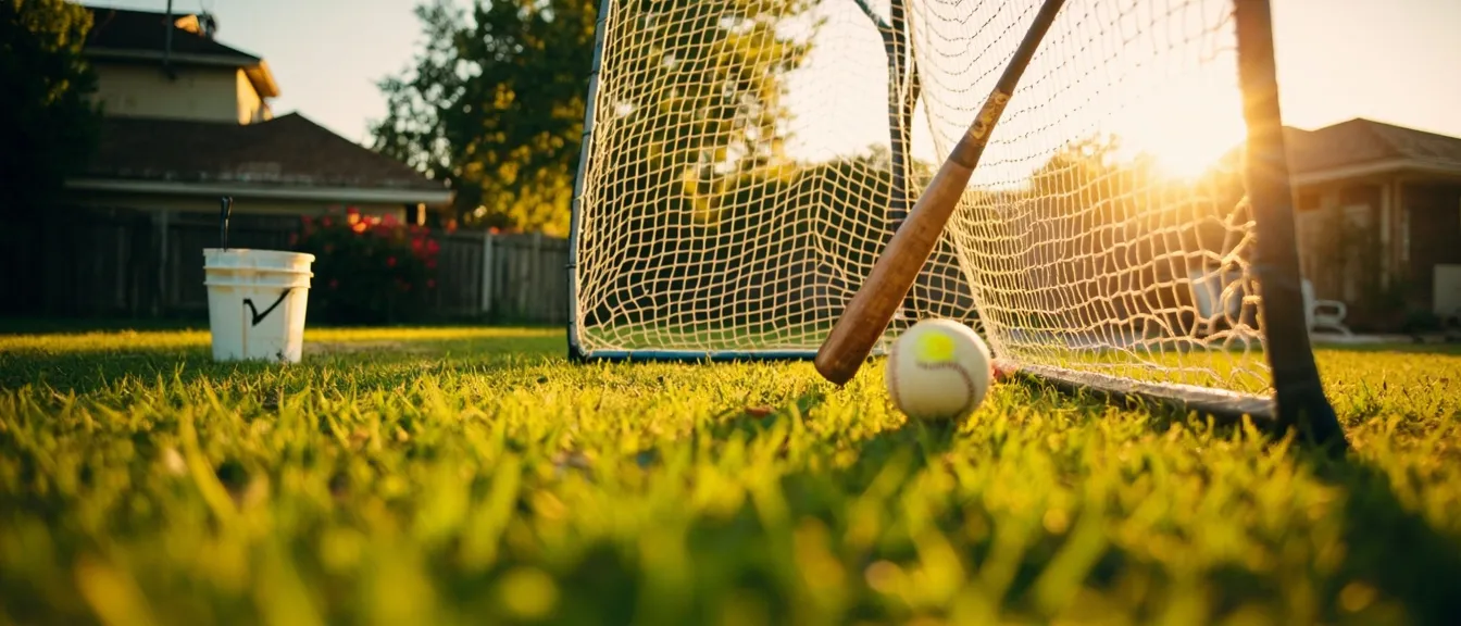 Sunny backyard practice area in late afternoon, a baseball rebounder net set up on the lawn, a bat leaning against it, a bucket of balls, warm golden sunlight
