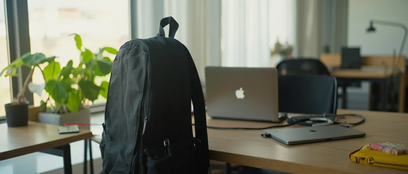Modern college dorm setup with a sleek black backpack on a wooden chair beside a desk, a laptop and a phone charging cable, a small plant, soft natural window light