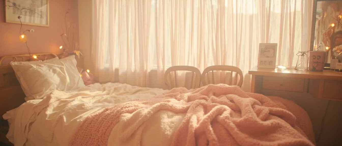 Cozy dorm bedscape with a soft Y2K aesthetic throw blanket in pastel pink and cream draped on a twin bed, small mirror with fairy lights, soft dreamy afternoon light