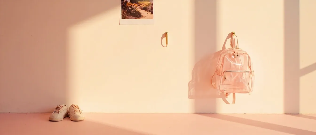 Y2K aesthetic hallway with a clear transparent backpack hanging on a wall hook beside a pair of white sneakers, a polaroid photo collage on the wall, pastel pink tones