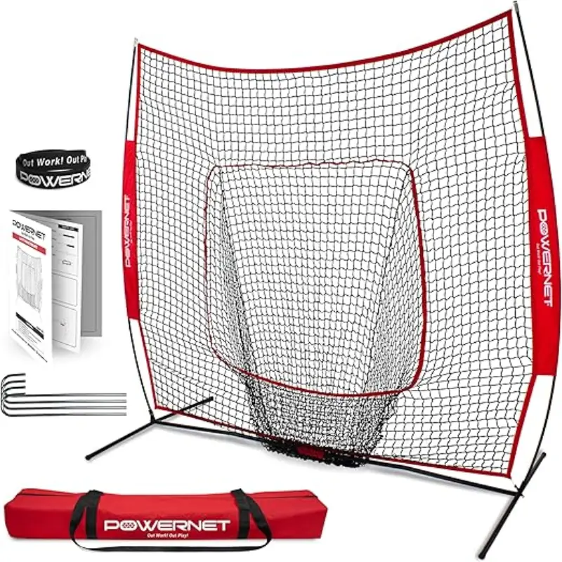 PowerNet Baseball Softball Practice Net 7x7 with Baseball Accessories for Practice Pitching, Batting & Fielding, Ball Caddy