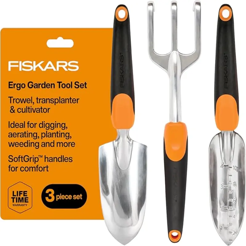 Fiskars 3-in-1 Garden Tool Set, Polished Cast-Aluminum Heads for Rust Resistance, Heavy-Duty Trowel, Transplanter & Cultivator for Digging and Planting, Non-Slip SoftGrip Handles Reduce Fatigue