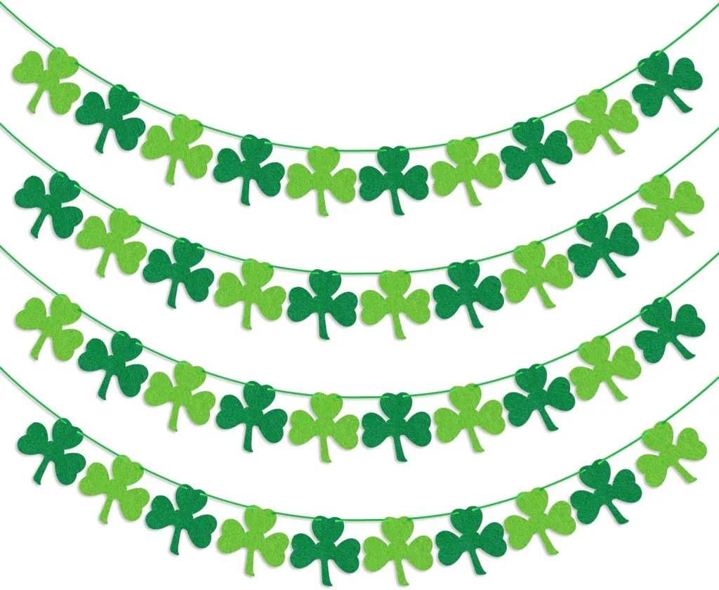 St Patricks Day Decorations 4PCS Felt Shamrock Garland Banner - NO DIY Clover Garland