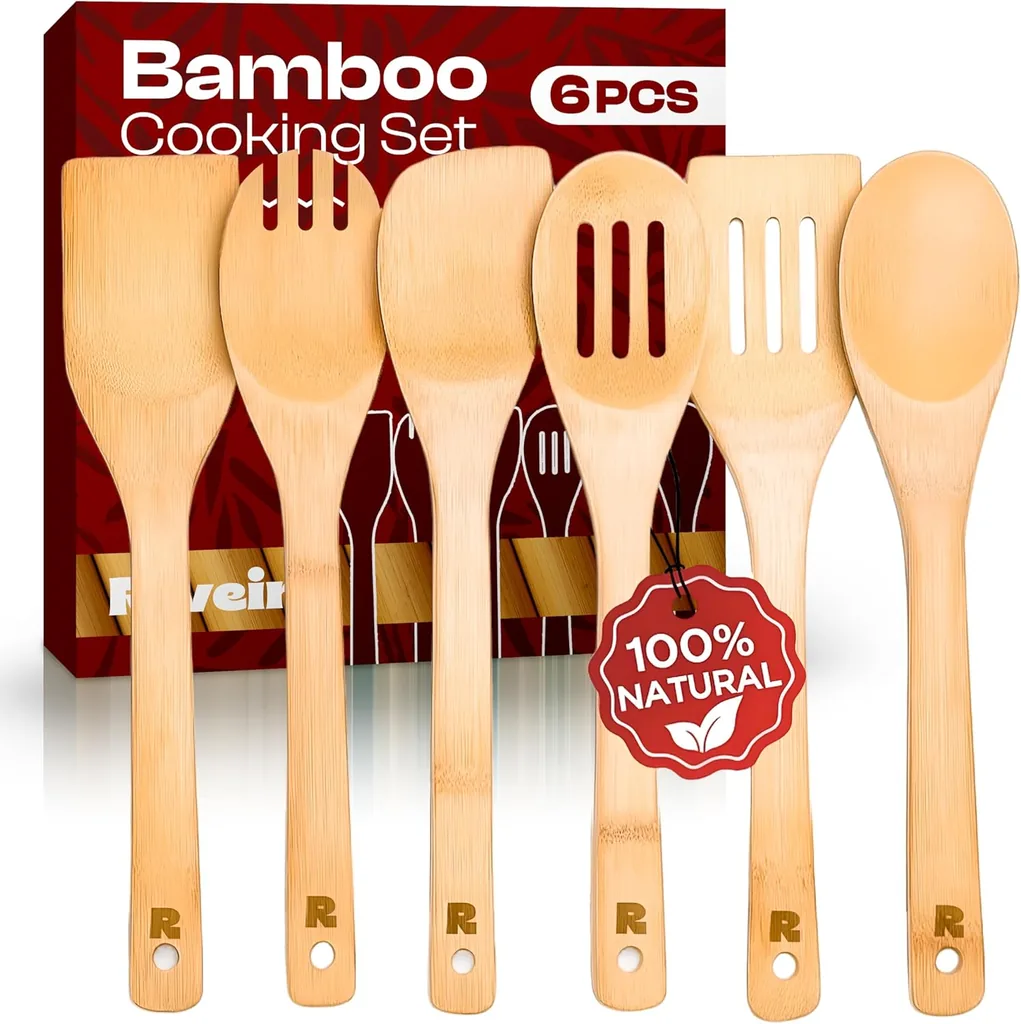 Riveira Bamboo Cooking Spoons 6-Piece - Wooden Cooking Utensils Set with Wooden Spoons and Spatulas