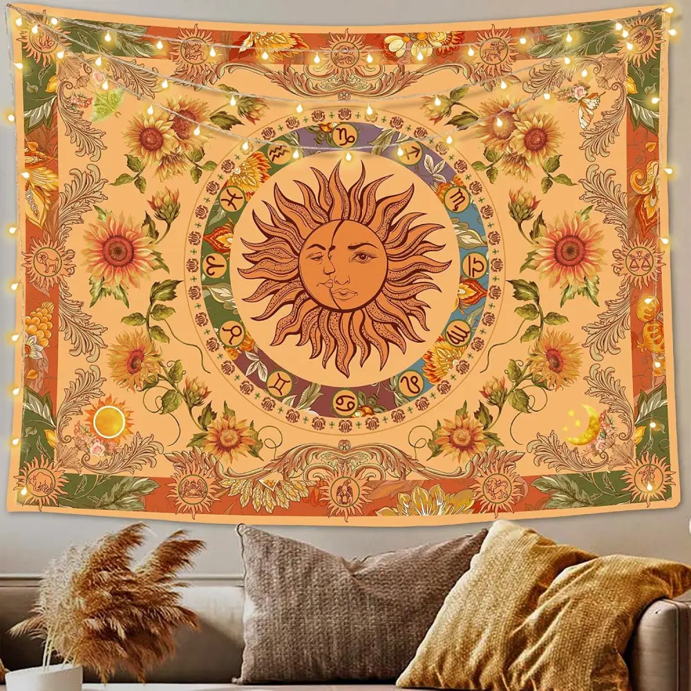 Accnicc Yellow Sun and Moon Tapestry Vintage Indie Boho Tapestry Wall Hanging with Butterfly