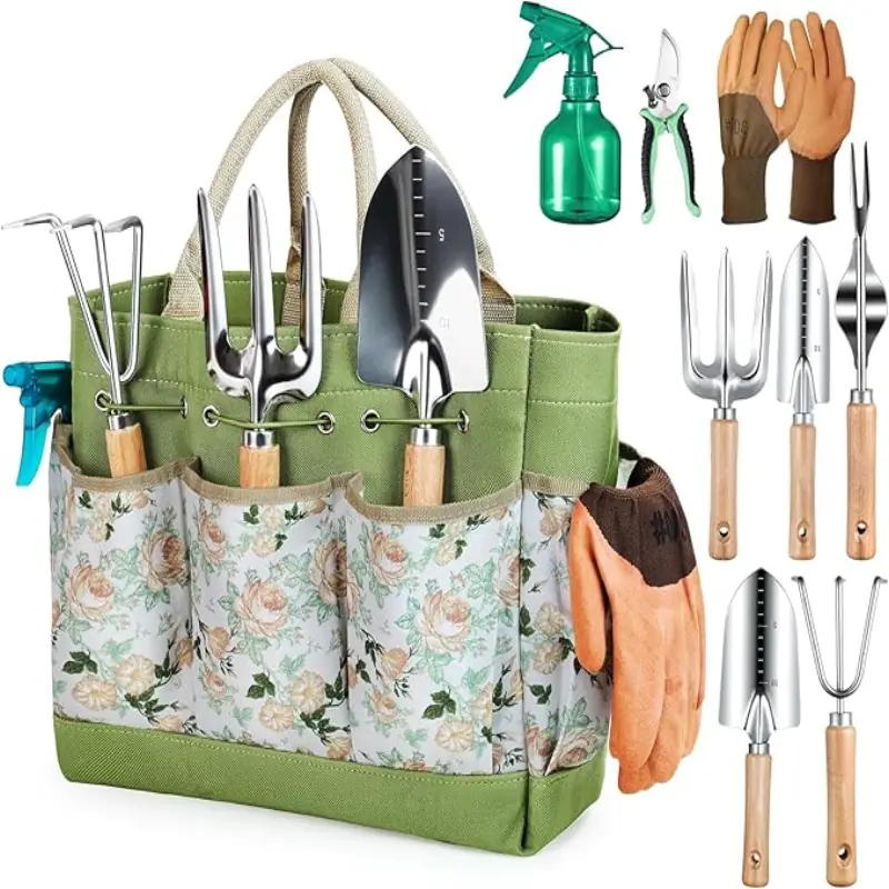 Grenebo Gardening Tools 9-Piece Heavy Duty Garden Hand Tools with Fashion and Durable Garden Tools Organizer Handbag, Rust-Proof Garden Tool Set, Ideal Gardening Gifts for Women
