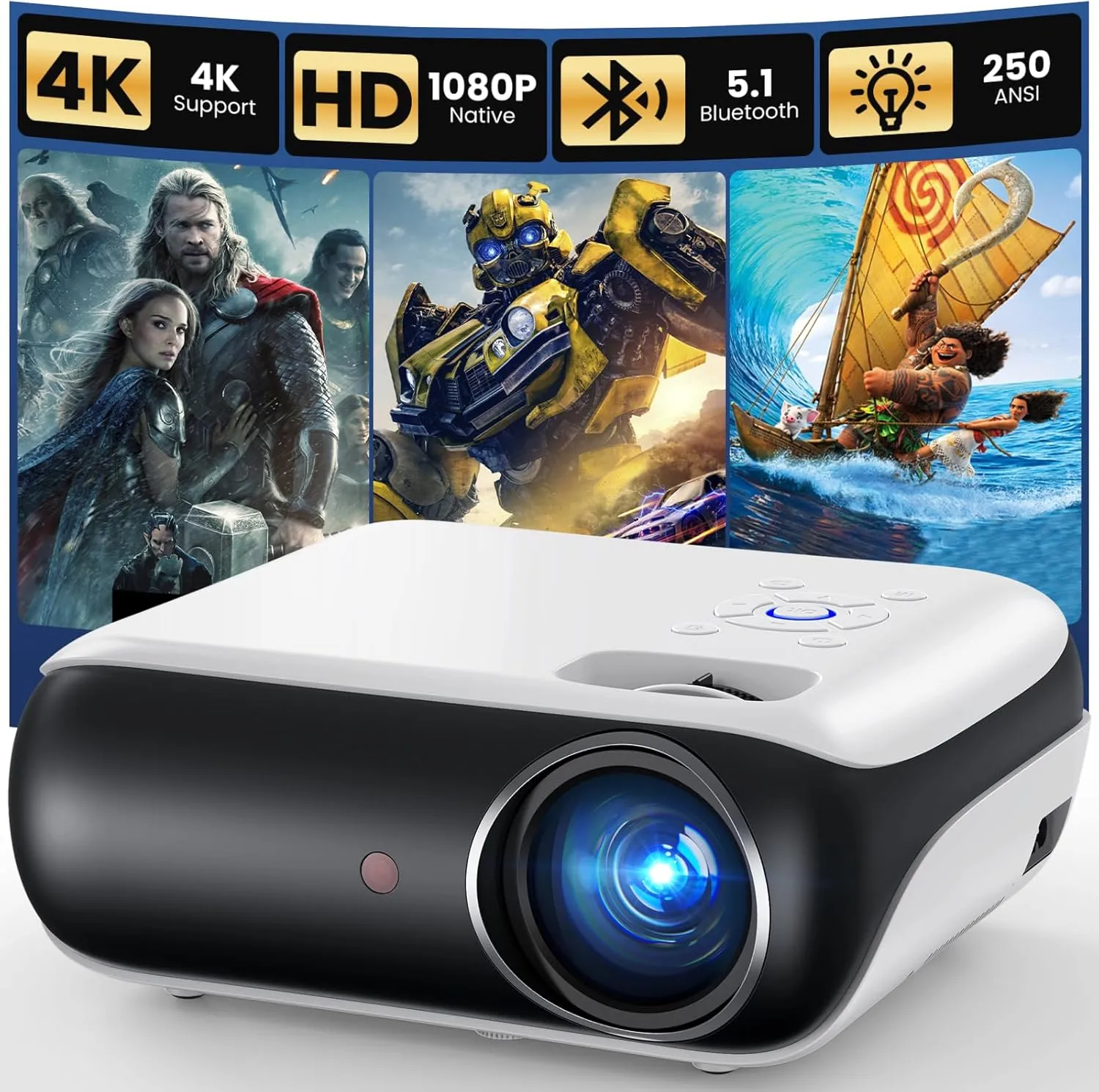 HAPPRUN Native 1080P Projector Bluetooth Home Theater with Built-in Speaker, Compatible with Smartphone HDMI Fire Stick PS5, Indoor Outdoor Use