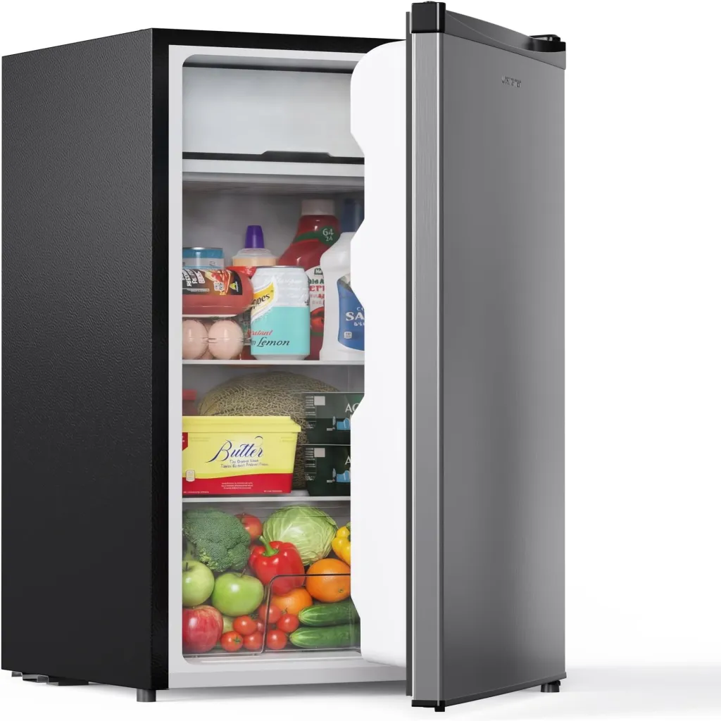 Upstreman 3.2 Cu.Ft Mini Fridge with Freezer, Single Door Compact Refrigerator, Adjustable Thermostat, Small Refrigerator for Dorm, Bedroom, Office, Stainless Steel-SR321