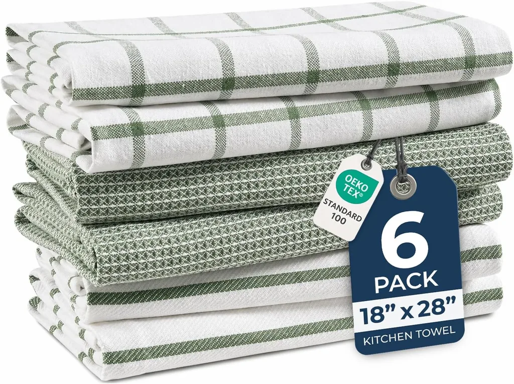 LANE LINEN Cotton Kitchen Towels Set 6-Pack - Absorbent Quick-Drying Dish Towels 18x28, Olive